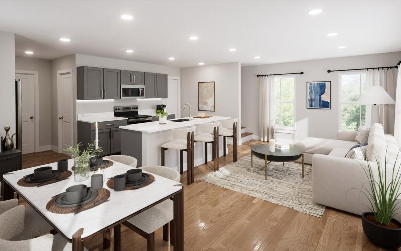 a large kitchen with a dining table