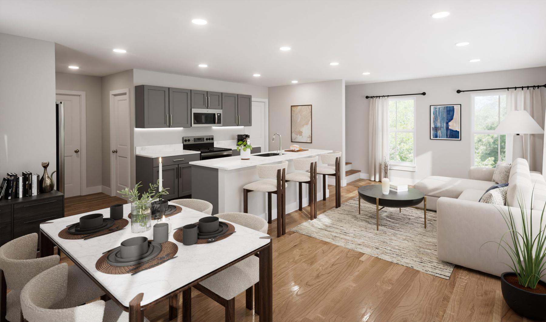 a large kitchen with a dining table