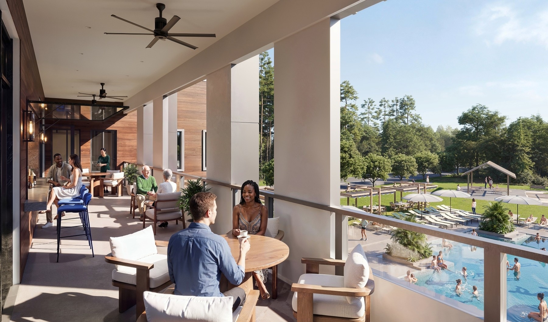 Covered outdoor lounge and resort-style pool at The Quincy in Charlotte, NC