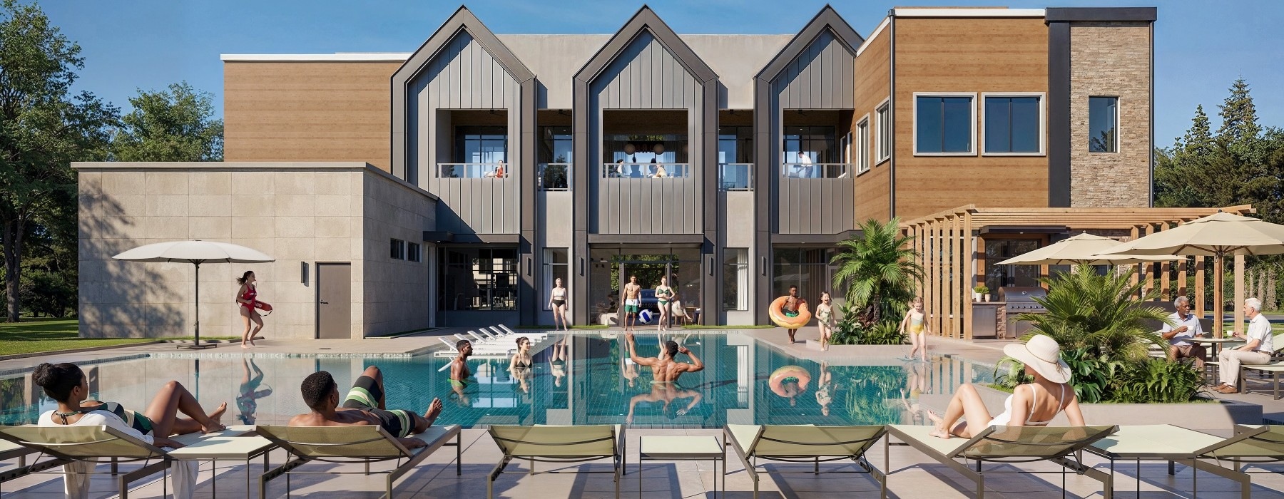 Resort-style swimming pool and clubhouse at The Quincy in Charlotte, NC