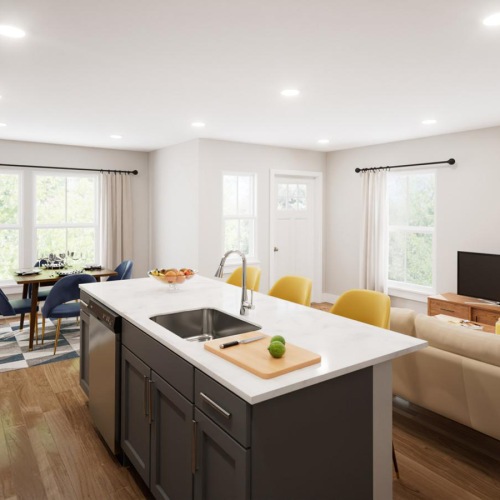 a kitchen and living room