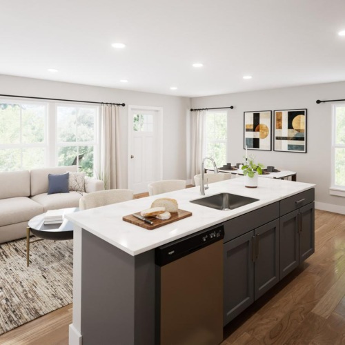a large kitchen with a large island